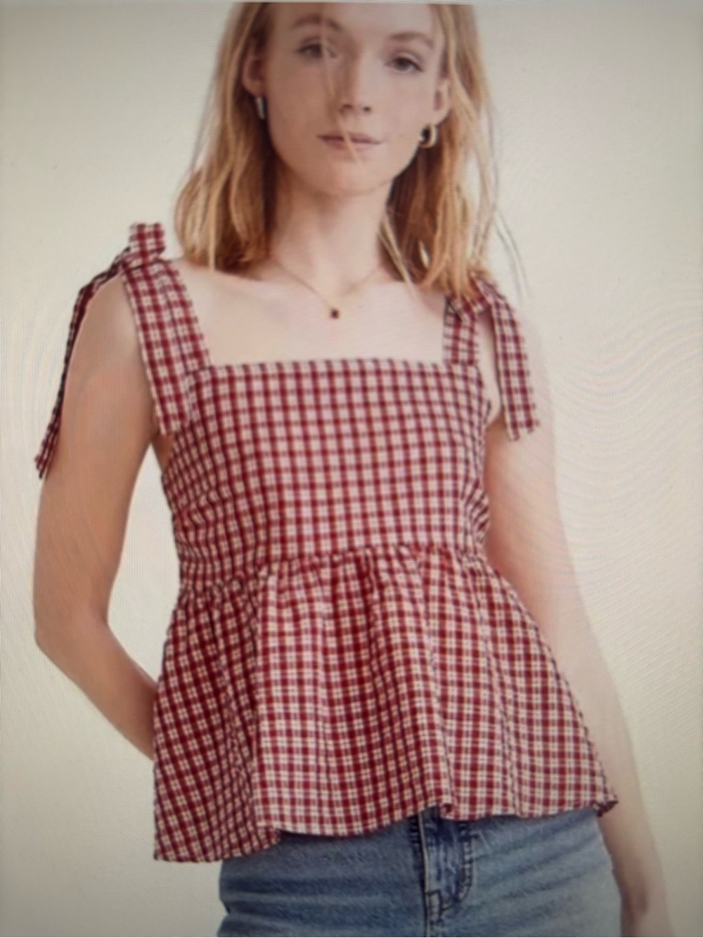 Madewell Rosalie Check Seersucker Tie Shoulder Top XL NWT